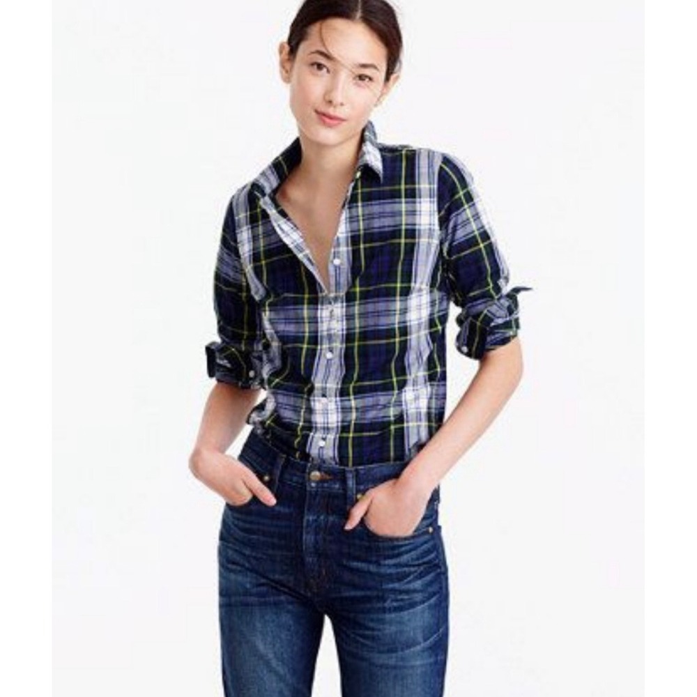 J.Crew Perfect Shirt 4 Navy Blue Stewart Plaid Long Sleeve Cotton Top F4609